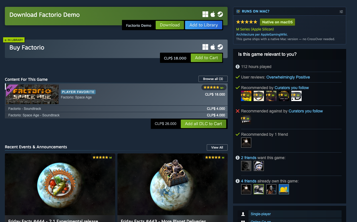 The Steam client on macOS showing CrosTem's “Runs on Mac?” verdict next to a game's buy buttons.