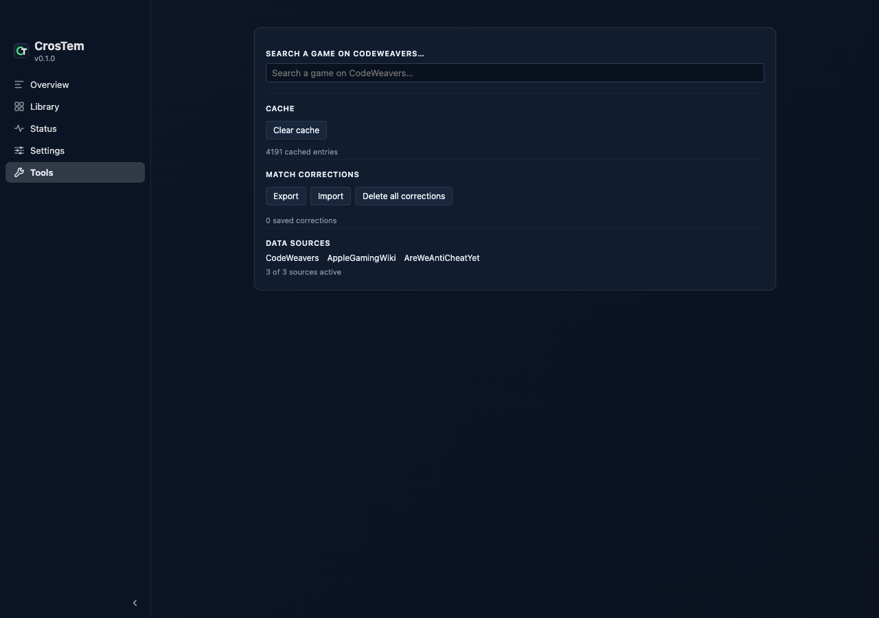 The Tools view — manual lookup, cache controls and your saved corrections